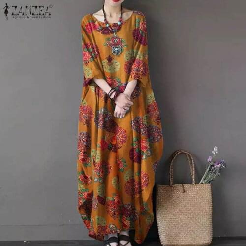 Vintage Floral Maxi Dress Womens Autumn Sundress 2021 ZANZEA Casual Long Sleeve Printed Vestidos Female Cotton Robe