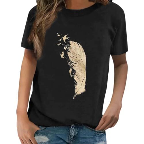 Golden Feather Print Harajuku Funny T-Shirt Women Round Neck Loose Summer Femme T-shirt for 2021 Woman Clothes Ropa Mujer