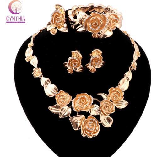 Women Gold Rose Flower Jewelry Sets Trendy Necklace Statement Earrings Bangle Ring For Party Wedding Exclusive Sales