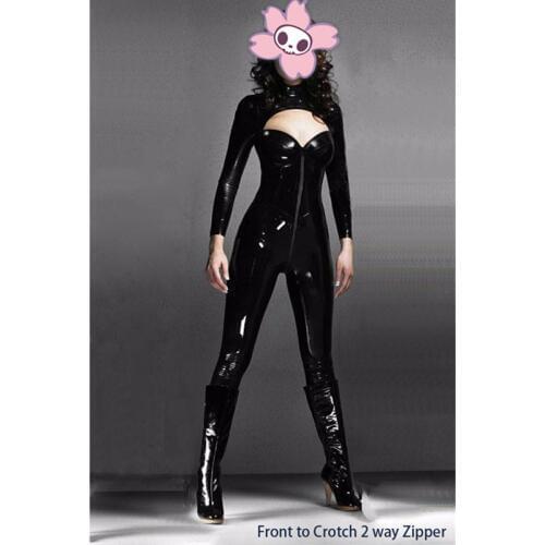 2016 Retro Sexy Faux Leather Catsuit Jumpsuit bodysuit playsuit overalls women rompers Mesh Jumpsuit Women Clubwear
