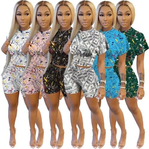 Two Piece Set Women Streetwear Print O Neck Corst T Shirt Crop Top + Biker Shorts Slim Tracksuit Women Casual Sportswear Outfits