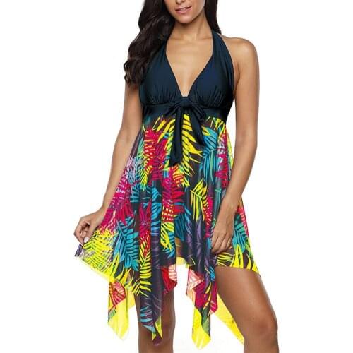 Women Leaves Print Irregular Large Hem Swimdress Briefs Swimsuit Set Takini