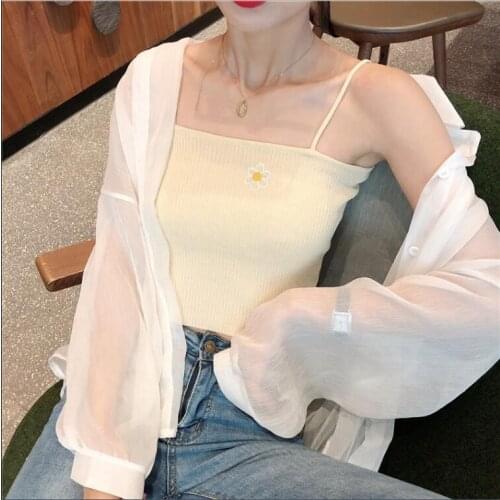Women Sexy Vest Embroidery Thin Off Shoulder Strap Camisoles Stretch Sleeveless Knit Cropped Tanks Tops