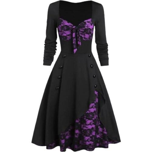 Halloween Gothic Pin Up Midi Dress Women Plus-Size Solid Color Skull Lace Splicing Long Sleeve Vintage Party Dress Vestidos G4