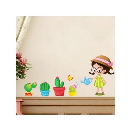 2 PCs Wall Art Stickers Cartoon Girl Plant Watering Pattern Bedroom Kids Rooms Kindergarten Decoration Wall Mural Decals 30*45cm