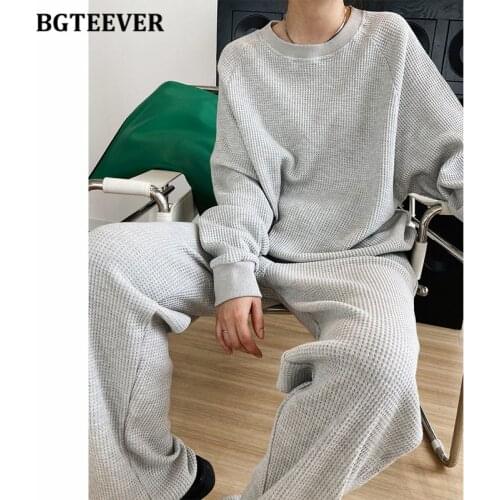 BGTEEVER Autumn Casual Loose Women 2 Pieces Set O-neck Full Sleeve Sweatshirt & Wide Leg Pants 2021 Ladies Sweatshirt Set