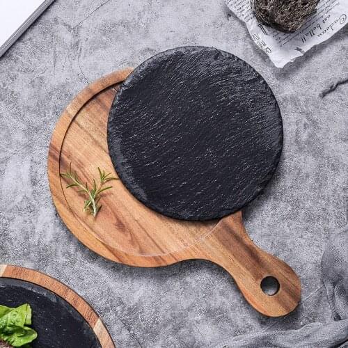 Simple Art Wooden Western Steak Pizza Plate with Handle Modern Household Round Black Rock Sushi Plate Hotel Restaurant Tableware