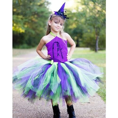 Kid Witch Cosplay Costume set Puprle Black Shing Green Fluffy Girls Tutu Dress Child Halloween Performace Masquerade Party Cloth