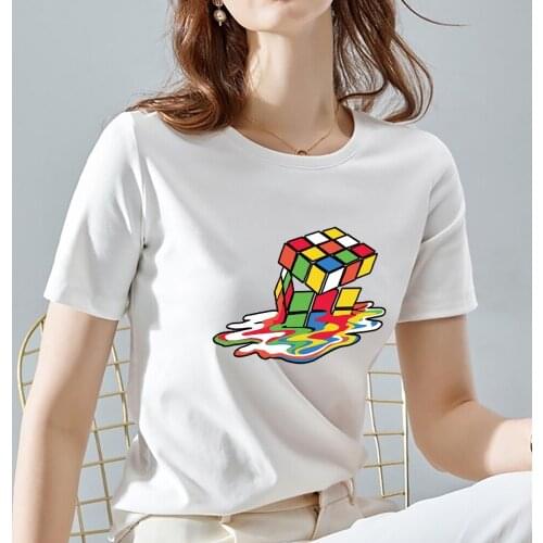 Womens New T-shirt Casual Round Neck Pattern 3D Rubiks Cube Printing Series Ladies T-shirt Commuter Slim Soft Short Sleeves