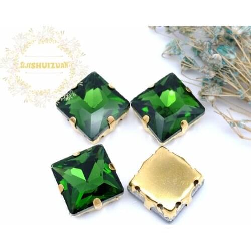 Emerald Square Crystal Glass Sewing Rhinestones with gold Claw Rhinestones for Diy wedding Dress and Bags