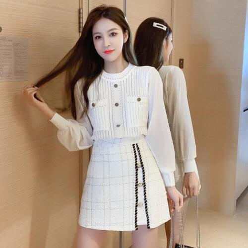 JSXDHK 2021 New Autumn 2 Piece Set Fashion Women Chiffon Patchwork Knit White Tops And High Waist Tweed Plaid Mini Skirts Suit