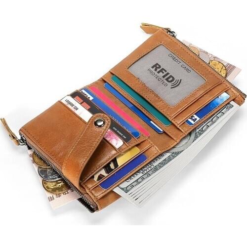 Mens Short Wallet 100% Genuine Leather Wallets Coin Purse Anti-theft Brush Small Mini Card Holder Retro Chain Male Walet Pocket