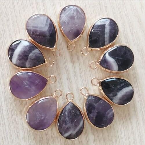 Fashion natural Amethysts stone pendant Charm section water drop for Necklace Jewelry Making gold rim Connector 12pcs wholesale