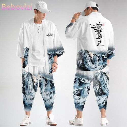 Fashion Suit Plus Size Loose Japanese Kimono Cardigan Women Men Cosplay Yukata Clothing Harajuku Samurai Kimono + Pants Sets