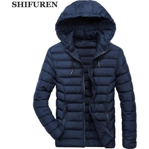 SHIFUREN Winter Warm Cotton Padded Coat Jacket Men Long Sleeve Ultralight Hooded Causal Male Zipper Outerwear Plus Size L-3XL