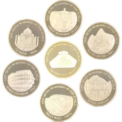 24k Gold Plated Metal Coin New Seven Wonders of Wolrd Challenge Gold Coins Famous Build Coins Series Gifts 7pcs Worth Collection