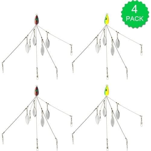 4Pcs Fish Lure Umbrella Rigs Fishing Baits Lures Bass Fishing Rigs Five Arm Blades Wire Multi Lure Rig Kit with Barrel Swivels