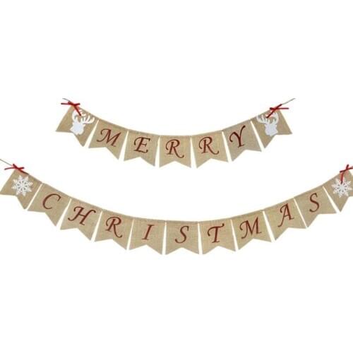 Merry Christmas Banner with Snowflake Reindeer Bow Ribbons Xmas Garlands Burlap Sign for Fireplace Home Decoration