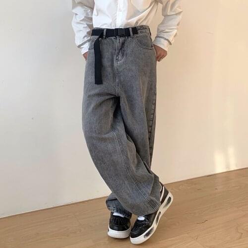 Washed Retro Grey Loose Straight Wide Leg Pants Belt Intergrated Jeans Men Fashion Baggy Jeans Women Boyfriend Jeans Streetwear