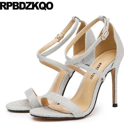 Glitter black high heels stiletto large size shoes fetish ladies big fashion pumps open toe women sandals 2019 summer silver