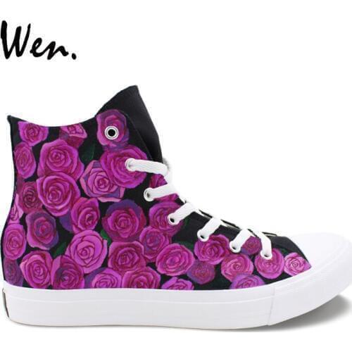 Wen Hand Painted Original Shoes Design Purple Roses Flowers High Top Canvas Shoes Women Girl Valentine Shoes Sneakers for Gift