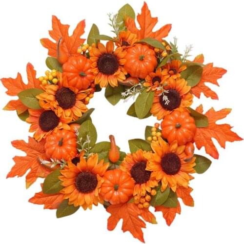 60cm Simulation Sunflower Maple Leaf Wreath Thanksgiving Halloween Garland Home Decorations For Front Doors Windows Pillars