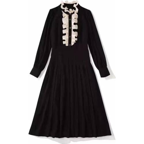 American European womens and clothing new 2021 spring Long sleeve collar falbala Fashion black pleated dress