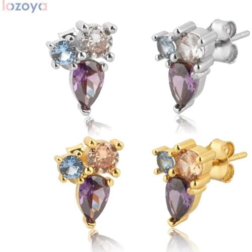 Lozoya 925 Sterling Silver Three Zircon Fashion Jewelry Ovals Purple Stud Earring 2020 Rock Punk Women Crystal Wedding Zircon