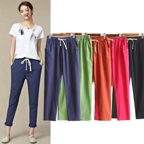 Female Ladys Womens Spring/summer Harem Pants Cotton Linen Solid Elastic Waist Candy Colors Harem Trousers Soft High Quality