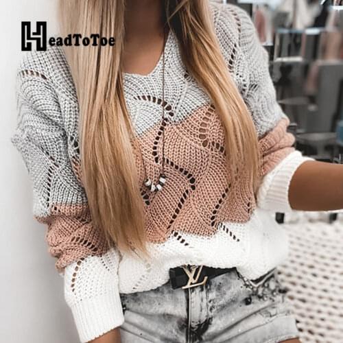Colorblock Eyelet Casual Brief Autumn Sweater Women Long Sleeve V Neck Loose Tops Pullover Women