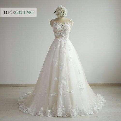 Ivory Tulle Lace Scoop Floor-Length A-Line Wedding Dress Chapel Train Buttons Back Corset Custom Made