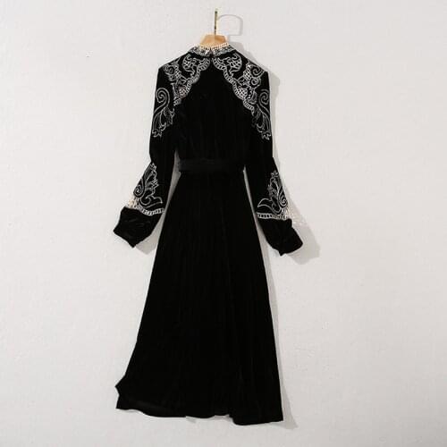 Maxi Runway Black Women Stand Collar Yellow Flower Embroidery Luxury Beading Diamonds Belt Party Velvet Dress