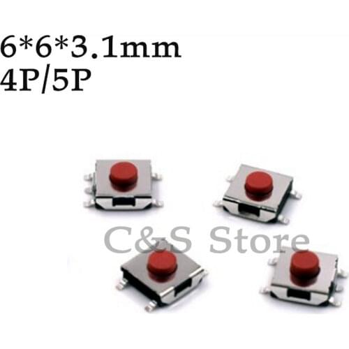 100pcs 6*6*3.1mm SMD Switch 5 Pin Touch Micro Switch Push Button Switches Red SMD Tact Switch