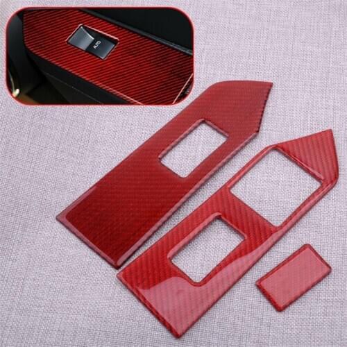 3pcs Carbon Fiber Red Car Door Window Armrest Lift Switch Button Panel Cover Trim Fit for Ford Mustang 2009 2010 2011 2012 2013