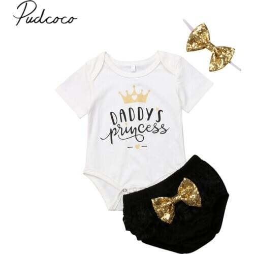 2020 Baby Summer Clothing Daddys Princess Newborn Baby Girls Romper+Sequin Bowknot Tulle Pants Headband 3Pcs Sets Clothes