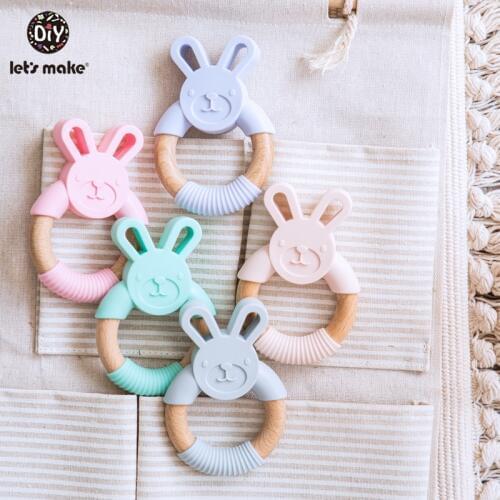 Lets Make 5pc Baby Rattle Wooden Toys For Boys Play Gym Newborn Gift Elephant Stroller Silicone Baby Teether