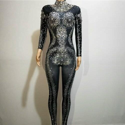 Sparkly Silver Rhinestones Jumpsuit Sexy Leggings Women Evening Party Night Club Crystal Outfit Singer Performance Dance Costume