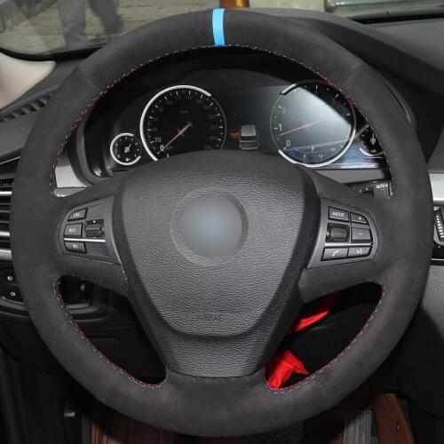 Black Suede Light Blue Marker Car Steering Wheel Covers for BMW F25 X3 2011-2017 F15 X5 2014 auto Steering Covers