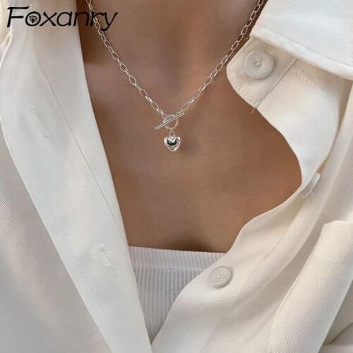 FOXANRY 925 Sterling Silver Necklace for Women Trendy Elegant Vintage Glossy LOVE Heart OT Buckle Design Party Jewelry Wholesale