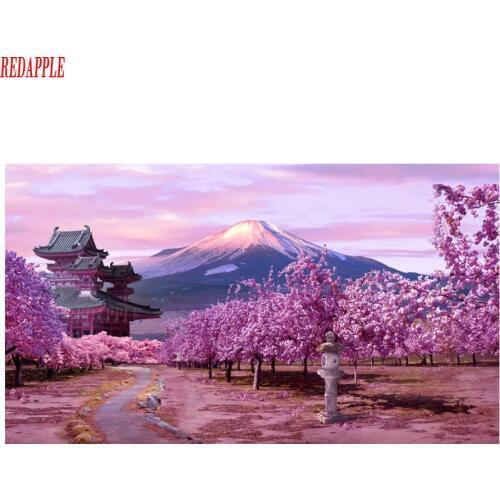 New large size Diy Diamond Painting Cross Stitch Pink Cherry Blossom Scenery 5d Diamond Embroidery Full Square Rhinestones decor