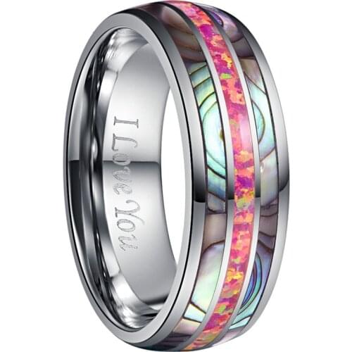 No Engrave love you Tungsten Carbide Ring 8mm Dome Steel Inlaid with Two Abalone Shells Magenta Opal Tungsten Steel Ring
