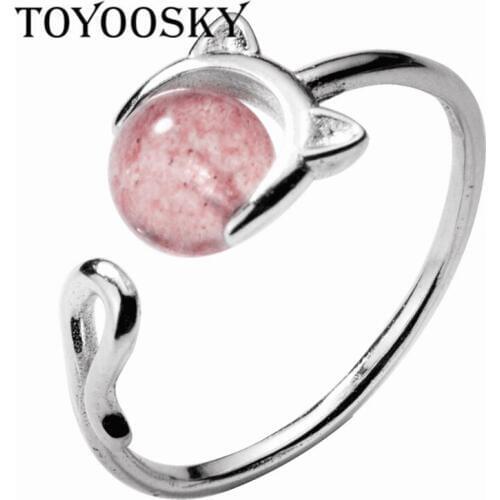 Cat Shape Ring 925 Sterling Silver Cute Animal Strawberry Crystal Finger Rings for Women Adjustable Engagement Jewelry