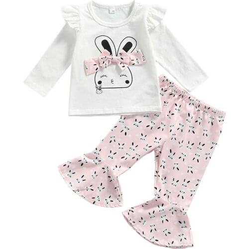 2Pcs Little Girls Outfit, Spring Autumn Sweet Style Bunny Printing Fly Long Sleeve Tops + Bell-bottomed Pants Set