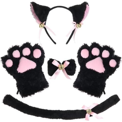Cat Cosplay Costume Set Kitten Tail Ears Collar Paws Gloves Kit For Halloween Accessory Hairwear Hairband Ears Neko Fantasy Set