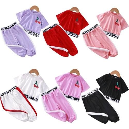 Girls' Short-sleeved Suit Childrens Leaking Belly Button Summer Clothes Pink Casual Outits Baby 8 Years Old Cute Tops&pants Set