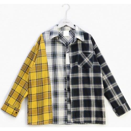 KPOP Korean Style Bangtan Boys Suga Womens Mens Lattice Grid Splice Oversize Plus Size Baggy Shirt Tops Hiphop