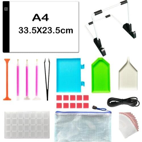 Diamond Painting Cross Stitch Tool Set A4 LED Light Pad, Pen, Tweezers, Clay, Tray, Roller and Diamond Embroidery Box Accessorie