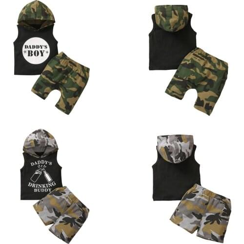 New Kids Baby Boys 2-piece Outfit Set Sleeveless Hooded Letter Print Tops+Camouflage Shorts Set