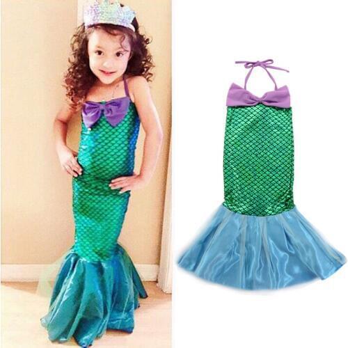 Girls Little Mermaid Dress Cosplay Princess Arier Costume Fancy Trumpet Tail Birthday Gift Bow Clothes Kids Cute Aril Dresses