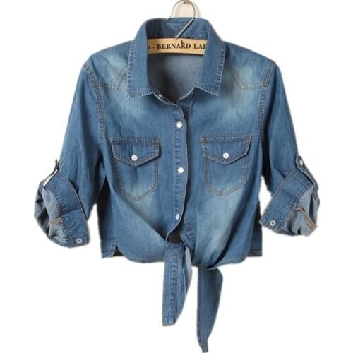 Half Sleeve Shawl Denim Shirt Female Summer Short Denim Blouse Bodysuit Shirts Feminine Casual Style Jeans Tops